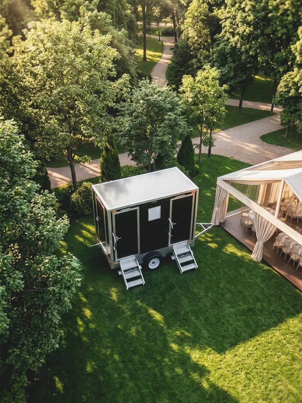 Restroom trailer parked on a garden lawn for an outdoor wedding