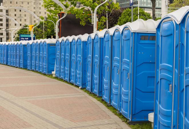 a row of portable restrooms at a fairground, offering visitors a clean and hassle-free experience in edgeworth